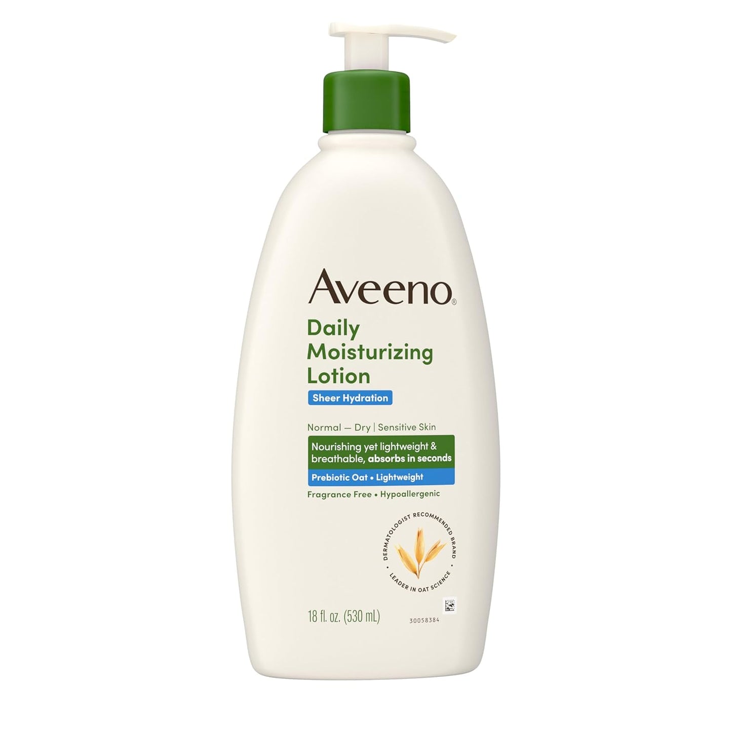 Sheer Hydration Daily Moisturizing Fragrance-Free Lotion with Nourishing Prebiotic Oat, Fast-Absorbing Body Moisturizer for Dry Skin with Lightweight, Breathable Feel, 18 Fl. Oz