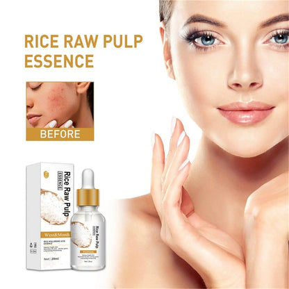 Rice Raw Pulp Essence product with a before and after comparison on skin.