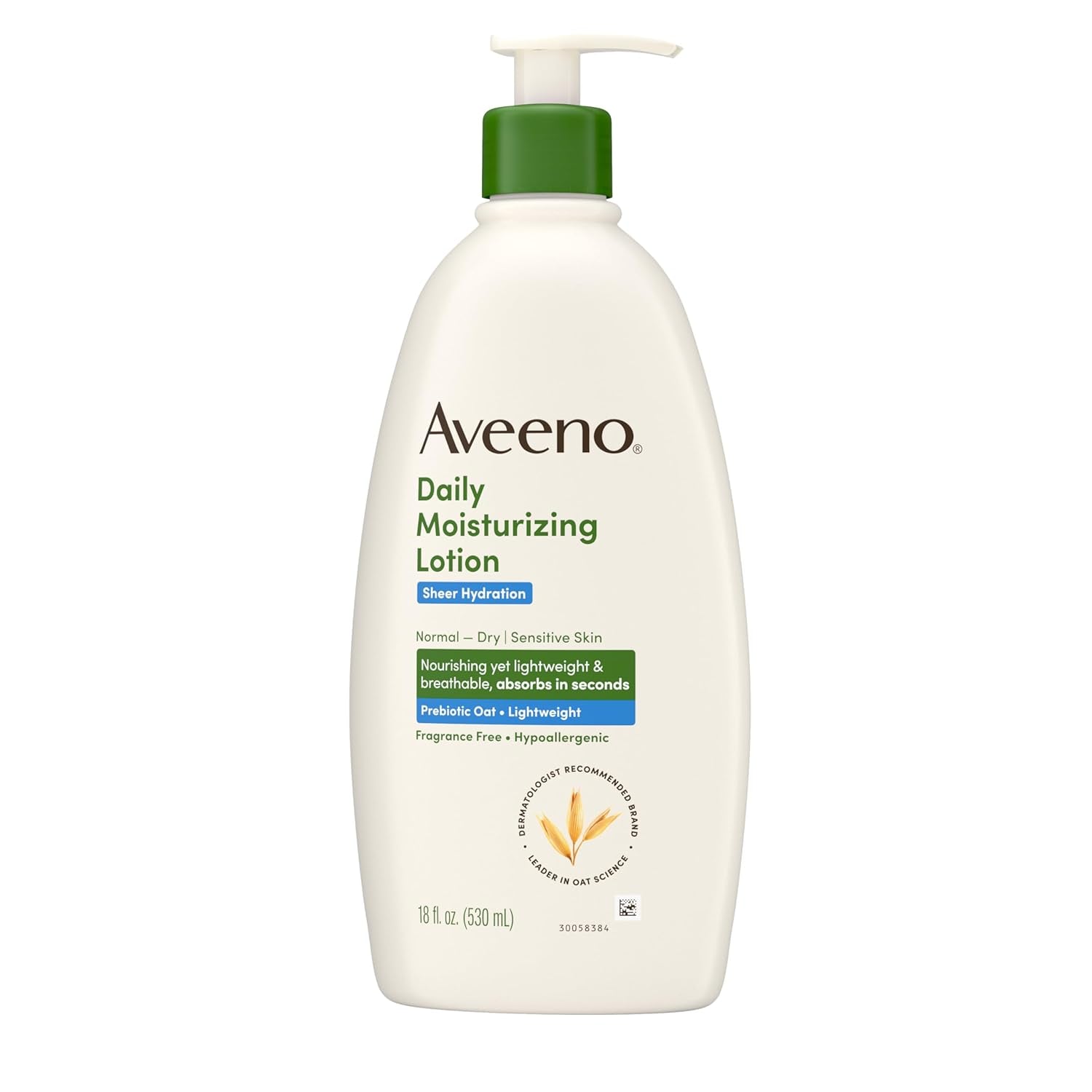 Sheer Hydration Daily Moisturizing Fragrance-Free Lotion with Nourishing Prebiotic Oat, Fast-Absorbing Body Moisturizer for Dry Skin with Lightweight, Breathable Feel, 18 Fl. Oz