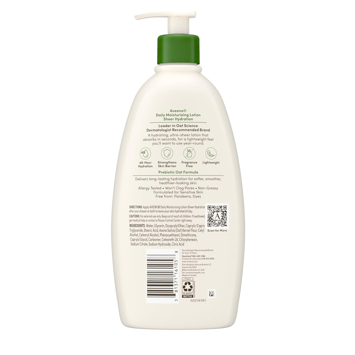 Sheer Hydration Daily Moisturizing Fragrance-Free Lotion with Nourishing Prebiotic Oat, Fast-Absorbing Body Moisturizer for Dry Skin with Lightweight, Breathable Feel, 18 Fl. Oz